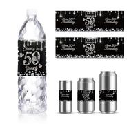 GOMAKERER Étiquettes pour Bouteilles d'eau pour 50er Anniversaire, 30 Feuille D'Étiquettes Autocollantes Noires et Argentées pour Contenants d'eau Potable pour Décoration de Fête d'anniversaire