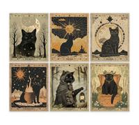 GOMAKERER Lot de 6 affiches de tarot en forme de chat noir, impressions vintage rétro, soleil, lune, étoile, forêt, décoration mystique sans cadre, art mural à thème pour la maison, le bureau, l'école
