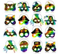 GOMANCHE 36 Pieces Halloween Mask Crafts for Kids, DIY Rainbow Magic Scratch Paper Art, Bat Witch Pumpkin Spider Pirate Skull Scratch Mask for Halloween Party Supplies