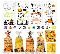 GOMANCHE Sacs de Bonbons d'Halloween, 100 Sacs de Bonbons Transparents pour Halloween avec 100 Fils d'Attache, 4 Styles de Sacs de Bonbons en Cellophane pour Halloween avec Étiquette de Suspension