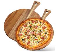 GOMETY 2 Pièces Assiettes à Pizza en Bois, Planche à Pizza Ronde 30 cm avec Poignée, Planche à Découper en Bois, Plateau àPizza, Planche de Service pour Pain Fromage Snacks