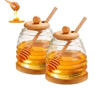 GOMETY 2 Pièces Pot À Miel en Verre, 500ml Pot de Miel avec Cuillere en Bois, Pot à Miel à Large Ouverture, Transparent Récipient à Miel avec Couvercle pour Servir le Miel et le Sirop