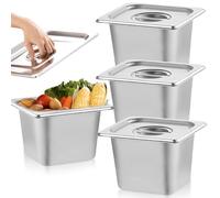 GOMETY 3 Pièces Bacs GN 1/6 en Inox avec Couvercle, Set de 3 Bacs Gastro Empilables Empilable Set à Panure 17,5 x 16,5 x 10 cm, Alimentaire, Résistant à la Chaleur, Idéal pour Panure, Cuisine