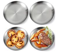 GOMETY 4 Pièces Vaisselle Ronde en Acier Inoxydable, 23 cm Assiettes en Acier Inoxydable, Plateau de Service Rond Mat, Plateau Sous-Verre Argenté pour Camping, Pique-Nique, Randonnée, Dîner, Snacks