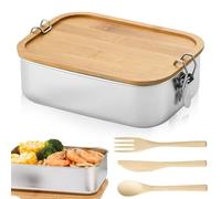 GOMETY Boîte à Déjeuner Inox 1200ml avec Couvercle en Bois, Boîte Repas Étanche et Sans BPA, Lunch Box en Acier Inoxydable avec Couverts Bois, Boîte à Bento pour Bureau, École, Voyage et Pique-nique