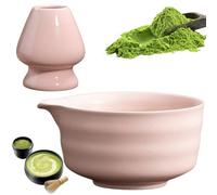 GOMETY Bol à Matcha Japonais avec Bec verseur, Bol à Thé Chawan Traditionnel avec Planche à Fouet, Bols à Thé en Céramique (Couleur Rose)