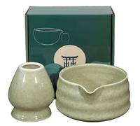 GOMETY Bol à Matcha Japonais en Céramique avec Bec Verseur, Support Fouet et Thé Chawan Traditionnel, Couleur Matcha