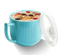 GOMETY Bol à soupe en céramique avec anse - 900 ml - Pour micro-ondes - Avec couvercle - Grande tasse à café - Pour déjeuner, pâtes, fruits, céréales Bleu