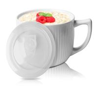 GOMETY Bol à soupe en céramique avec anse - 900 ml - Pour micro-ondes - Avec couvercle - Grande tasse à café - Pour déjeuner, pâtes, fruits, céréales Blanc