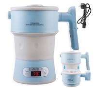 GOMETY Bouilloire pliable de 0,8 l - Petite bouilloire de voyage portable en silicone avec panneau multifonction - Smart Camping - Fond en acier inoxydable 304 - Sans BPA - 600 W (bleu clair)