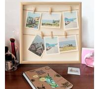GOMETY Cadre photo en bois DIY - 32 x 32 cm - Avec corde de chanvre et pinces en bois - Cadre photo mural pour photos, cartes postales - Polyvalent - Pour mur photo - Cadeau