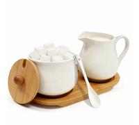 GOMETY Ensemble Crème Et Sucre, Pot à Lait et Sucrier avec Couvercle et Cuillère, Ensemble Sucrier Et Crémier avec Plateau en Bois, Ensemble Lait et Sucre pour Cuisine et Café (Blanc)