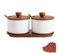 GOMETY Ensemble de 2 Pots à épices en Céramique, Contenants à épices, Salière, Sucrier avec Cuillère et Couvercle, épices, Récipients de Cuisine pour thé sucre sel épices café (Blanc)