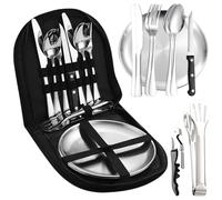 GOMETY Ensemble de Vaisselle: Ensemble de Camping en Acier Inoxydable 10 Pièces, Robuste pour Le Camping, Les Pique-Niques et Les Voyages (Argent/Sac Noir)