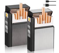 GOMETY Étui à cigarettes 2 en 1 avec briquet électronique, boîte à cigarettes en aluminium, lot de 2, étui à cigarettes rechargeable en aluminium avec briquet, étui à cigarettes électronique pouvant contenir 20 cigarettes
