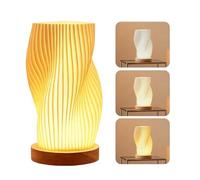 GOMETY Lampe de Chevet avec Base en Bois, USB Lampe de Nuit Vintage à Rayures 3 Couleurs, Lampe de Chevet avec Abat-jour en PLA, 9 Niveaux de Luminosité LED Petite Lampe de Table pour Chambre Salon