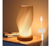 GOMETY Lampe de chevet avec socle en bois, lampe de table minimaliste à intensité variable (9 niveaux) avec abat-jour en PLA, orientable pour salon et chambre, alimentation USB, durable et sûre