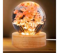 GOMETY Lampe de nuit boule en cristal 3D 6 cm avec base en bois USB, marguerite, fleur éternelle pour la maison, décoration de table