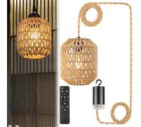 GOMETY Lampe Suspendue en Rotin Bohème à Piles avec Télécommande, Lampe Suspendue Portable Rotin Bohème, Lustre Portable Étanche pour Jardin Terrasse Patio Salon Chambre