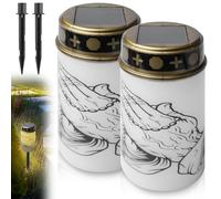 GOMETY Lot de 2 bougies funéraires à LED solaires imperméables, lumière sans flamme avec piquet de terre solaire avec capteur de lumière LED - Lumière funéraire - Lanterne funéraire - Lumière