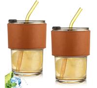 GOMETY Lot de 2 gobelets en verre de 400 ml, avec couvercle, verres à thé en verre avec paille, hermétiques, étanches, pour cappuccino, latte, thé, glacé, lait, jus (ambre)