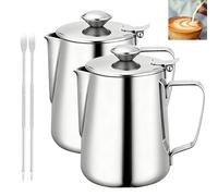 GOMETY Lot de 2 pots à lait en acier inoxydable de 350 ml avec couvercle, pot à lait, pot à café, mousseur à lait, pot à crème, accessoires pour café barista avec aiguille de type café latté pour