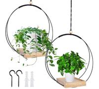GOMETY Lot de 2 pots de fleurs suspendus en macramé avec base en bois, hauteur 93 cm, pour l'intérieur avec socle en bois, anneau en métal et boucle de suspension, jardinières suspendues pour murs et