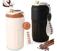 GOMETY Lot de 2 tasses à café à emporter - Affichage numérique - 450 ml - Gobelet isotherme - En acier inoxydable 316 - Anti-fuite - Avec couvercle et poignée pour eau et thé