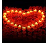 GOMETY Lot de 24 bougies chauffe-plat LED cœur, 1000 pétales rose artificiels, 24 bougies chauffe-plat LED cœur sans flamme, mariage Saint-Valentin demande