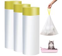 GOMETY Lot de 24 sacs à litière pour chat avec cordons de serrage, 3 rouleaux de litière autonettoyant, capacité de charge de 10 kg, poignée de transport, sacs poubelle durables, résistants à la