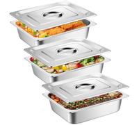 GOMETY Lot de 3 bols à panure, récipients GN 1/3 en acier inoxydable avec couvercle, lot de 3 bols pour paner, idéal pour les plats et les plats à frire 32,5 x 17,6 x 6,5 cm