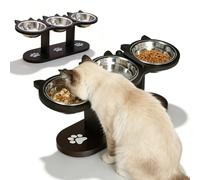 GOMETY Lot de 3 gamelles surélevées 3 en 1 pour chat avec 3 gamelles en acier inoxydable - Hauteur réglable - Avec support en bois - Gamelle ergonomique pour chien - Noir