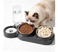 GOMETY Lot de 3 gamelles surélevées 3 en 1 pour chat et eau - En acier inoxydable - Inclinables à 15 ° - Avec distributeur d'eau automatique - Pour chats et petits chiens - Station d'alimentation