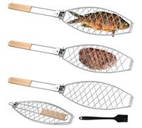 GOMETY Lot de 3 supports de barbecue pour poisson - 63 x 12 cm - Avec poignée en bois - Pliable - Avec brosse en silicone de 21 cm - Grille portable - Pince pour barbecue et barbecue - Argenté