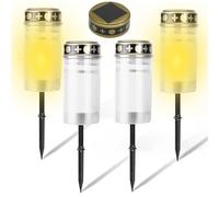 GOMETY Lot de 4 bougies funéraires solaires LED avec piquet de terre - Lanterne funéraire LED - Lumière permanente - Lanternes funéraires à LED solaires pour éclairage funéraire - Éclairage extérieur