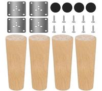 GOMETY Lot de 4 pieds de meubles en bois massif de 10 cm - Pieds de table coniques de rechange en chêne avec 4 plaques de montage et 32 vis - Pieds ronds en bois pour chaises, canapé, lit, armoire,