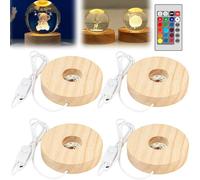 GOMETY Lot de 4 socles LED ronds - 10 x 2 cm - Blanc - 7 LED en bois coloré - Avec télécommande - Socle lumineux rond en bois pour boules de cristal, verre et résine
