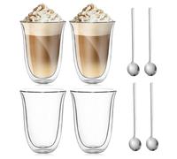 GOMETY Lot de 4 verres à latte macchiato à double paroi de 300 ml - En verre borosilicate - Avec anse - Cuillère à café - Verres à thé - Verres thermiques à double paroi pour cappuccino expresso