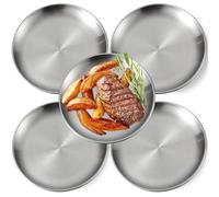 GOMETY Lot de 5 assiettes rondes en acier inoxydable de 20 cm - Assiettes de service rondes - Assiettes argentées - Pour camping, pique-nique, randonnée, dîner, collations, fêtes