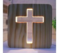 GOMETY Lumière de Nuit Jésus Croix, 3D Sculpture en Bois LED Lampe de Nuit Blanc Chaud, Lampe de Table USB Chambre à Coucher Décoration, Cadeau Religieux pour Chrétiens Pâques