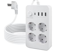 GOMETY Multiprise 4 prises avec USB-C et Type-C, interrupteur intégré, câble d'extension de 2 m, 2500 W/10 A, protection contre les surtensions, montage mural, multiprise pour bureau et maison, blanc