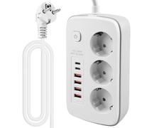 GOMETY Multiprise plate à 3 prises, avec protection contre les surtensions avec 3 fiches plates AC, 4 chargeurs USB et 2 ports de type C avec câble de 2 m