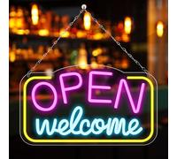 GOMETY Panneau néon LED « Open Welcome » - 42 x 23 cm - Panneau néon ouvert coloré - Pour affaires - Intensité variable - Avec alimentation USB - Pour magasin, bar, café, fête