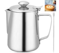 GOMETY Pichet à lait en acier inoxydable de 350 ml avec couvercle, pot à lait, pot à café, mousseur à lait, accessoire avec aiguille de type café latté pour cappuccino (350 ml)