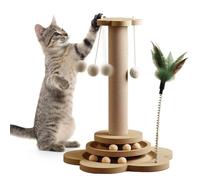 GOMETY Rouleau de Jeu en Bois 4 en 1 pour Chat, Plateau Rotatif à 2 Niveaux, Jouet Interactif en Bois avec Plumes et Balles à l'herbe à Chat, 40cm Griffoir en Corde de Sisal avec Balle Suspendue (L)