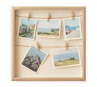 GOMETY Support photo en bois - 30 x 30 cm - Cadre photo mural avec cordon - Avec pinces en bois - Polyvalent - Pour photos ou cartes postales - Naturel