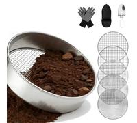 GOMETY Tamis de Jardin en Acier Inoxydable 5 en 1 Ø 20 cm avec 5 Tamis Interchangeables 3/6/9/10/12 mm, Tamis à Compost Rond pour Terre, Sable, Compost, Semences avec Pelle et Gants