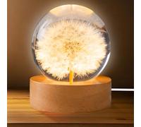 GOMETY Veilleuse en boule de cristal - 6 cm - En forme de pissenlit - Veilleuse en forme de boule de cristal - Avec socle en bois USB - Lampe pissenlit - Pour la maison - Décoration de table - Cadeaux