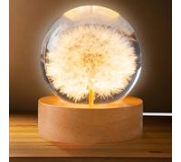 GOMETY Veilleuse en boule de cristal de 6 cm - Veilleuse fleur de pissenlit - Boule de verre - Lampe de nuit avec socle en bois USB - Lampe pissenlit - pour la maison - Décoration de