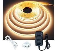 GOMING 12V Détecteur de Mouvement COB Ruban à LED 5M Blanc Chaud 3000K CRI 93+ IP20 Non étanche Bande Lumineuse LED avec Adaptateur Secteur pour Armoires de Cuisine Escalier Vitrine Chambre Lit